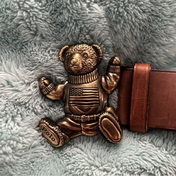 Polo by Ralph Lauren Tan Leather Belt with Bear Buckle - Picture 2 of 8
